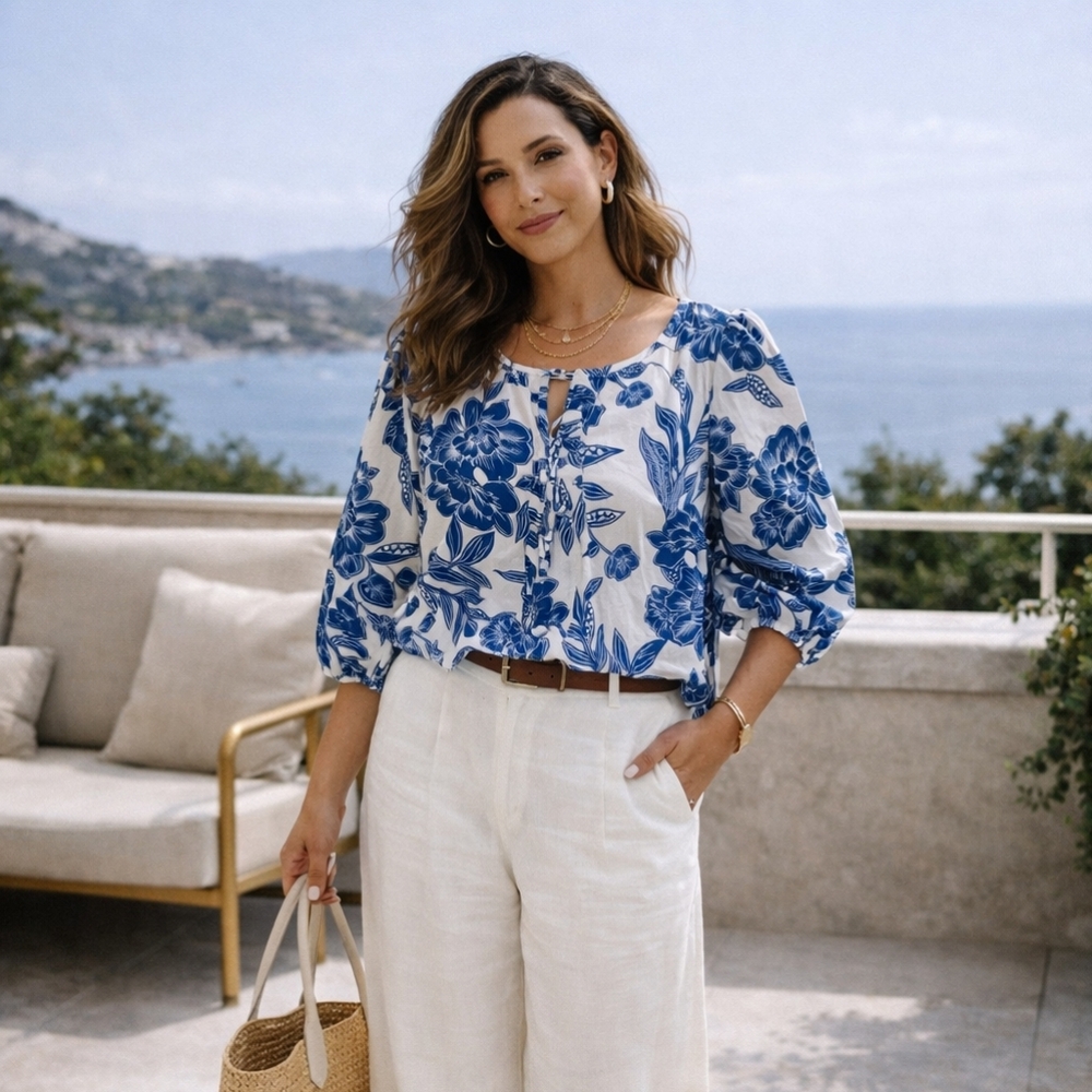 Christian Siriano Floral Blue/White Linen Blouse Puff Slevees Coastal Eurosummwr